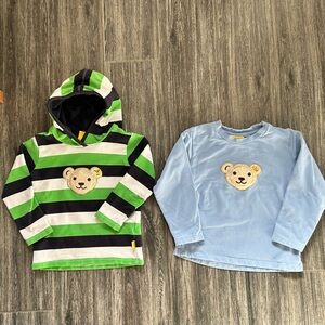 Steiff Kids Bear Appliqué Long Sleeve Green Stripe Hoodie & Light Blue Tee 2T 3T